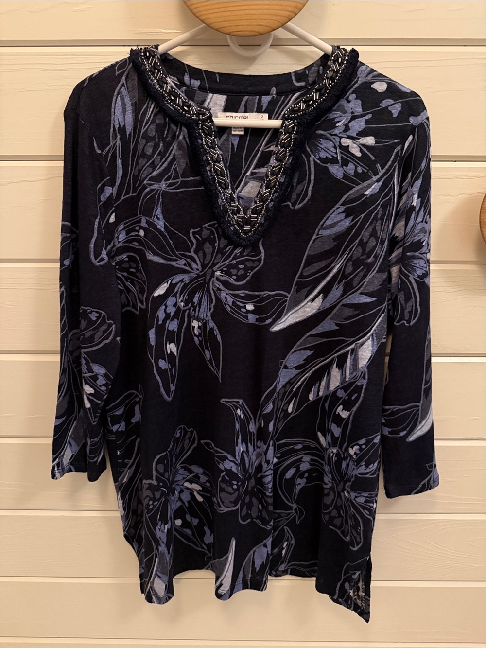 Chico's Linen Floral Embellished V-Neck Tunic